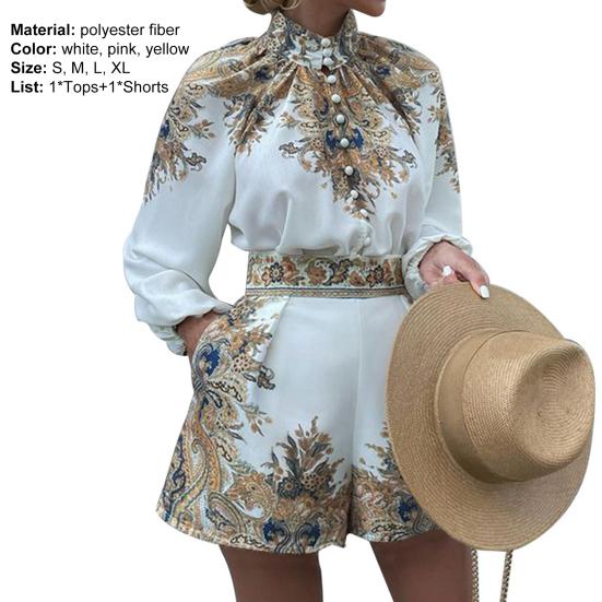 1 Set Women Shirt Shorts Set Vintage Pattern Print Turtleneck Two-piece Single Breasted Long Sleeve Top Pocket Shorts for Office