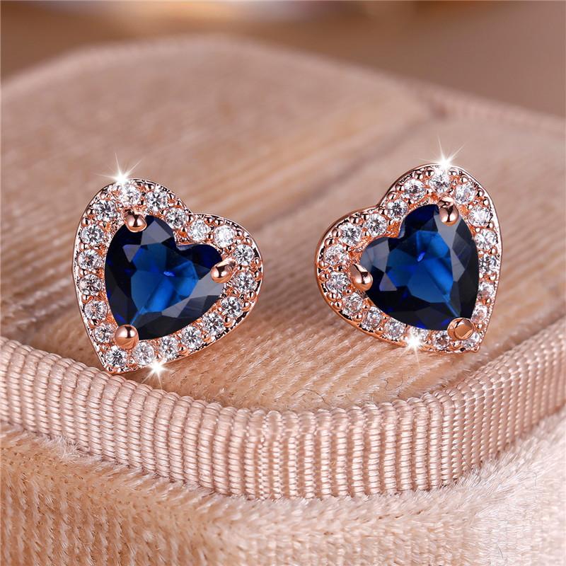 Boho Female Blue Heart Zircon Stone Earrings Cute Rose Gold Color Summer Wedding For Women