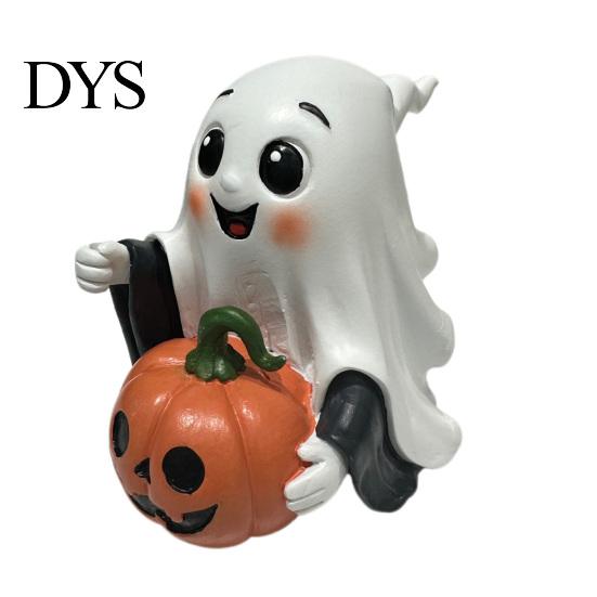 Soft Aesthetic Ghost Sculptures Halloween Decoration, Holding Pumpkin Resin Figurine with Witch Cute Home Party Accents Hat, Spooky Tabletop Decor for