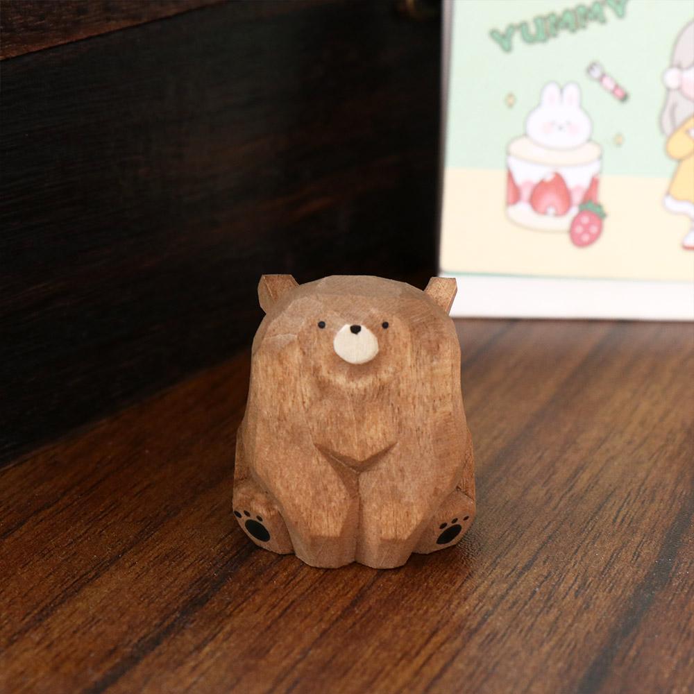 Solid Wood Polar Bear Ornament Hand Carved Mini Bear Statue Wooden Bear Figurines Courtyard