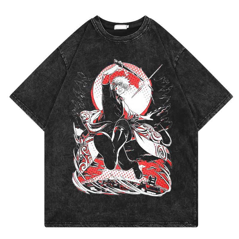 Japanese Anime Gintama T-shirt Sakata Gintoki Graphic Vintage Washed Oversized T Shirt Men's Clothing Polyester Short Sleeve Tees