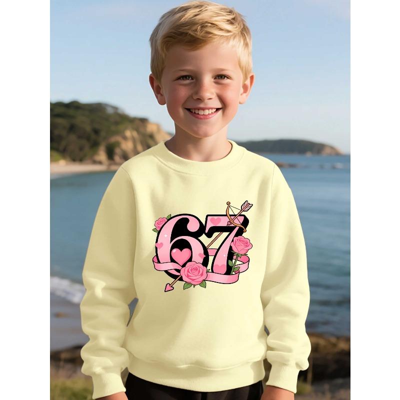 Kids Unisex Crewneck Sweatshirt, Pink Rose Heart Cupid Arrow Ribbon 67 Graphic Long Sleeve Pullover, Soft Fleece Sweatshirts for Boys Girls Ages 4+
