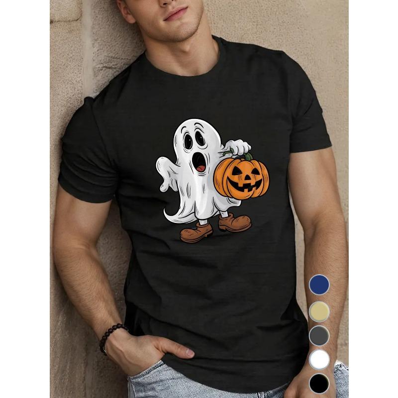 European Size Men'S Halloween Pumpkin Ghost T-Shirt, Casual Crew Neck Short Sleeve Top,Knit Fabric, Slight Stretch, Regular Fit,Summer Season - 150gsm