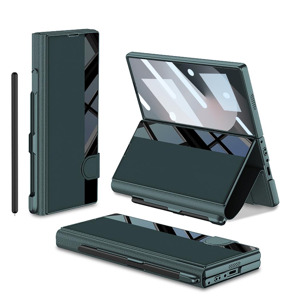 Samsung Z Fold6 Telefone Móvel Couro Quitina Suporte Tela Dobrável Anti Queda Capa Flip Capa de Couro Película Slot para Caneta Integrado