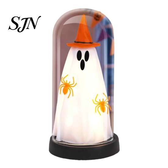 Atmosphere Lamp for Home Indoor Light Up Ghost in Dome Cloche, Halloween Cute Witch Decorative Glowing Figurine Table with LED Kitchen Mantel Tabletop
