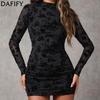 DAFIFY Women's Fashion Spring Fall Flower Pattern Print Long Sleeve Half Turtleneck High Waist Casual Dresses