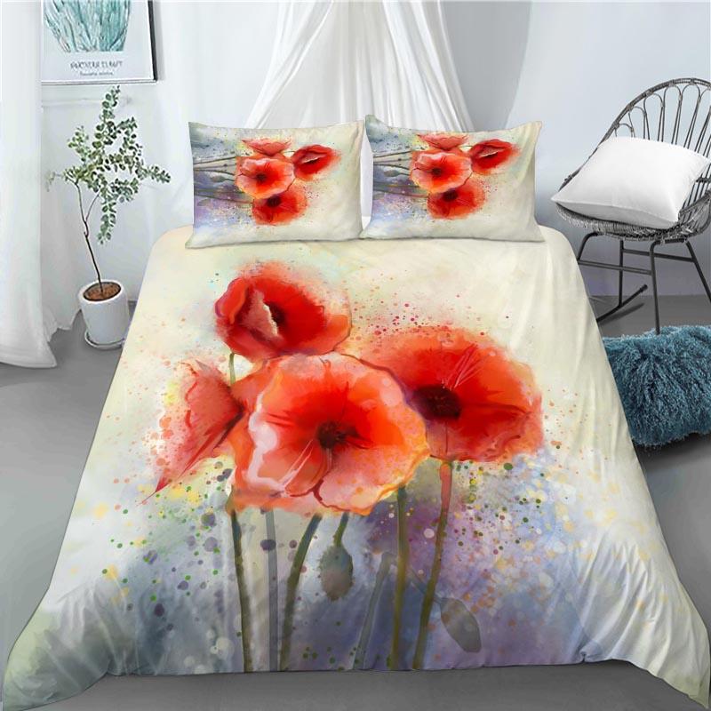 3D Rode Klaproos Dekbedovertrek King Queen Size Mooie Bloem Polyester Dekbedhoes met Kussenslopen Kinderen Volwassenen Huis Slaapkamer Decoratie