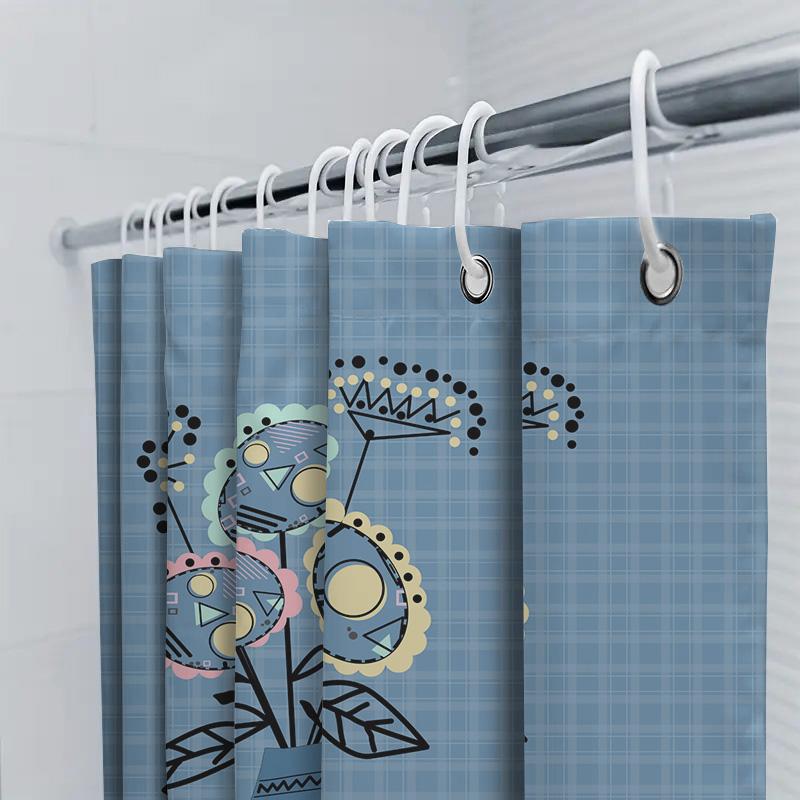 Decorative Shower Curtain with Blue Plaid Pattern Unique Flower Design for Bathroom Decoration