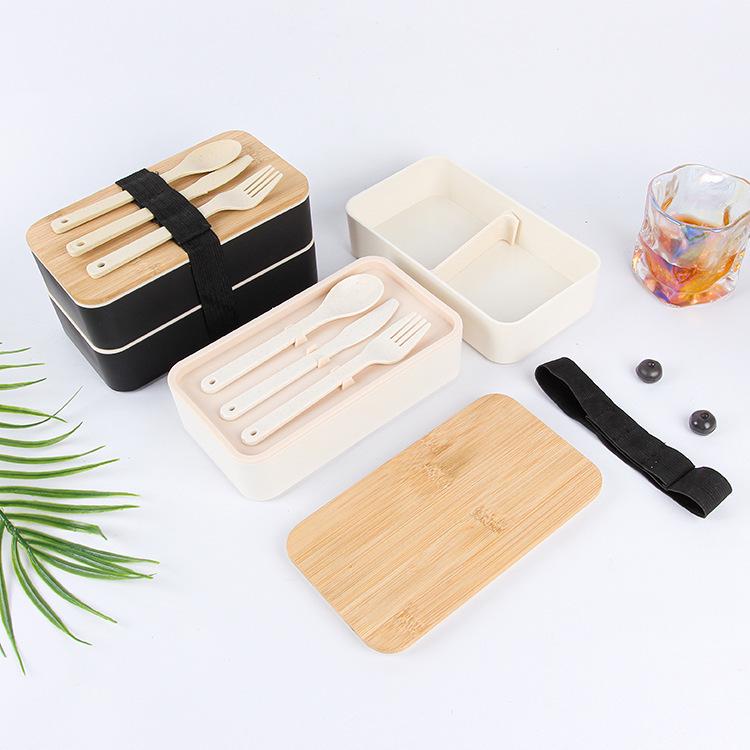 Double-Layer Bento Box with Bamboo Lid, Microwave Safe, PP Divided, Ideal for Office or Student Lunches
