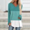 Women's  And Winter Long Sleeved V-neck Color Block Casual Long Loose T-shirt Top