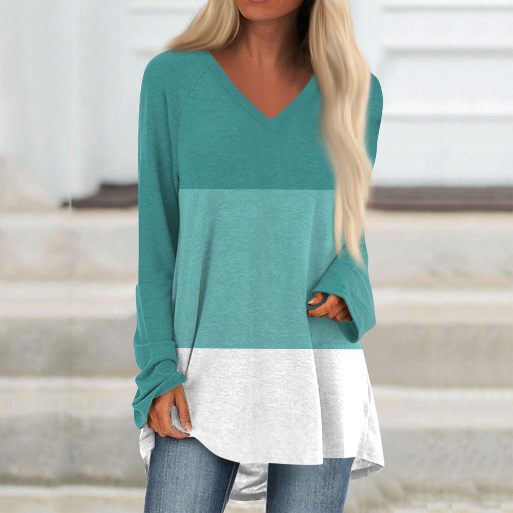 Women's  And Winter Long Sleeved V-neck Color Block Casual Long Loose T-shirt Top