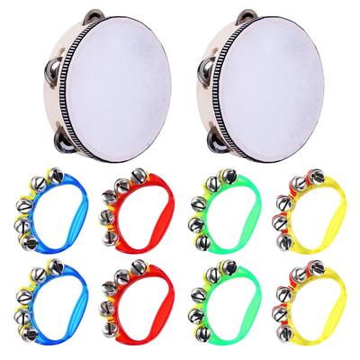 SALUDABLE Tambourine Handbell Set for Eurhythmics, Rhythmic Play, and Educational Use (2 Tambourines + 8 Ring Bells)