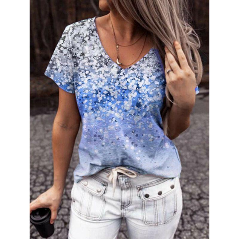Elegant Womens V-neck Short Sleeve Floral Print Tops T-shirt For Casual Wear