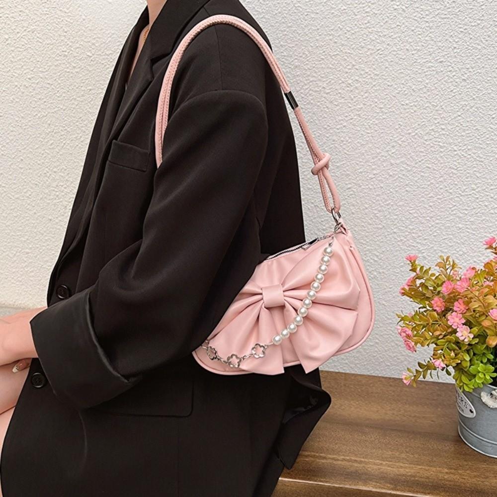 Fashi PU Leather Bowknot Shoulder Bag Solid Color Korean Style Women Underarm Bag Pearl Large Capacity Bow Handbag Shopping