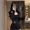 Purple Long-Sleeve Lace Halter Slim-Fit Women's Winter Top