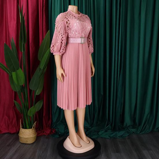 Women's 3/4 Sleeve Lace Crochet Midi Dress Hollow Out Eyelet Pleated Swing Dress Fall Casual Flowy A-line Dress