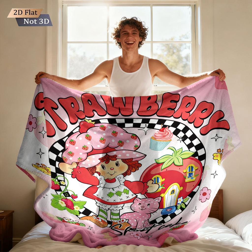 1 pièce Couverture en Flanelle Imprimée Fille Fraise Rose de Dessin Animé Dans Plusieurs Tailles Douce et Confortable Couverture Décontractée, Lavable en Machine