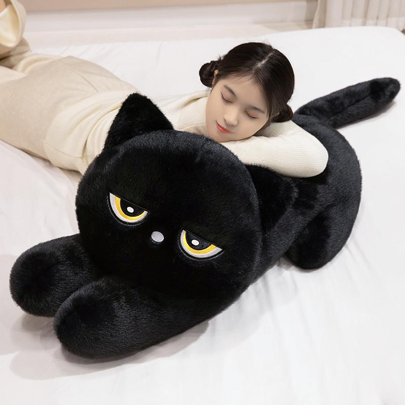 Cuscino Peluche Gatto Nero Bambola Morbida Gatto Sdraiato Imbottito Cuscino Design Gatto Dormiente Carino Adorabile Idea Regalo di Compleanno per Amanti dei Gatti