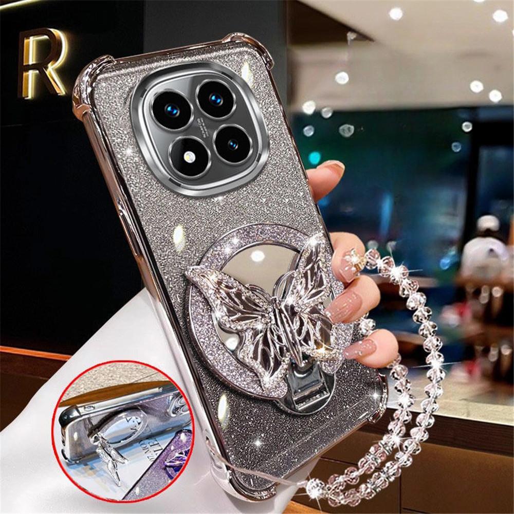 Crystal Bracelet Glitter Butterfly Mirror Stand Case For Xiaomi Poco X7 X6 X5 X3 Pro F7 M8 M6 F6 POCO C65 C75 Shockproof Cover