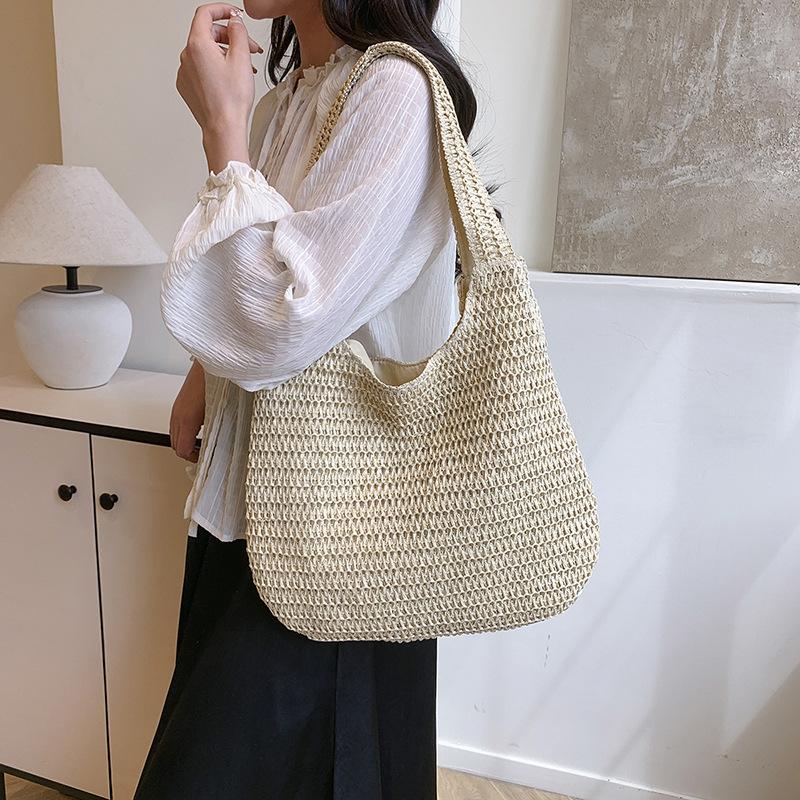 Solid Color Woven Tote Bag Hollow Out Breathable Shopping Straw Bag Lightweight Summer Beach Handbag For Women AVE