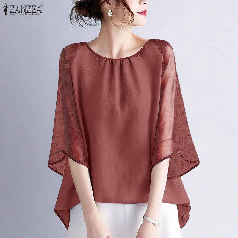 ZANZEA Women Casual Mesh Splice 3/4 Sleeve Loose O-neck Blouse
