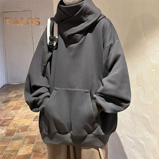 Fall Winter Men Hoodie Oversize Hooded Long Sleeves Pure Color Hip Hop High Collar Big Patch Pocket Elastic Cuff Mid Length Warm Top