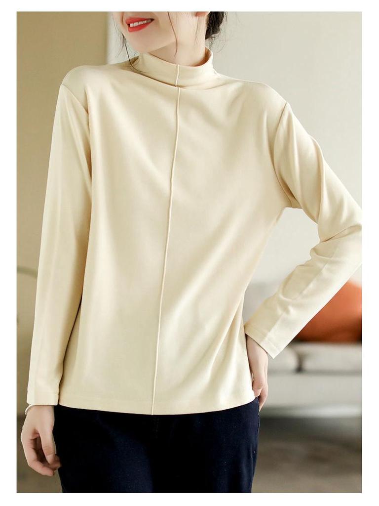 Women's Double-Sided Plush Splicing High-Collar Base Layer Shirt - Autumn/Winter Fashion Top