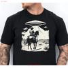 Western Cowboy UFO T Shirt Alien 90s Meme Funny Vintage Washed Stylish Casual Top For Everyday Wear Stretched Unisex