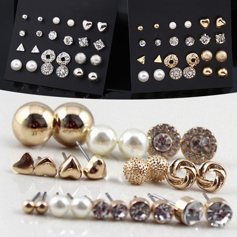 12 Pcs/Set Crystal Alloy Round Ball Gold Color Stud Earrings Vintage Silver Color Simulated Pearl Earring Set For Women