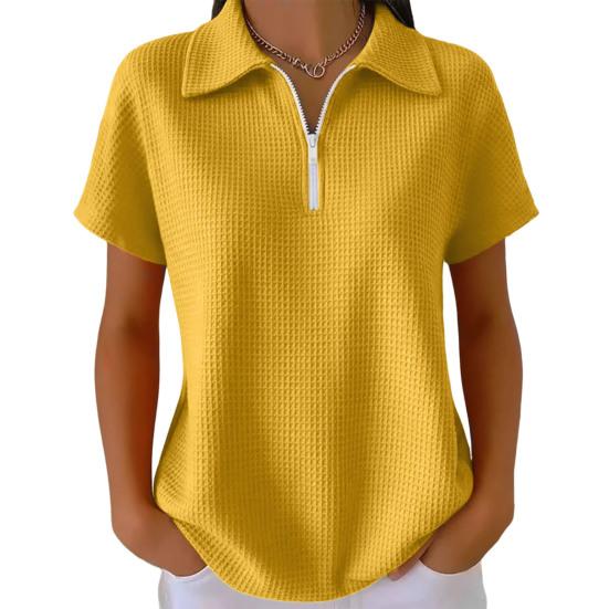 Women Tops Lapel Short Sleeve Zipper Half Placket Shirt Tops Pure Color Waffle Texture Loose Fit Casual Shirt Home Dates Versatile Wear