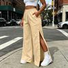 Women's Casual Color Wide Leg Pants with Side Buttons Loose Fit Trousers for Everyday Wear