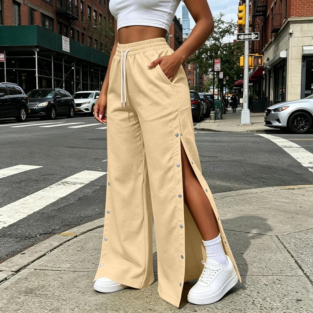 Women's Casual Color Wide Leg Pants with Side Buttons Loose Fit Trousers for Everyday Wear
