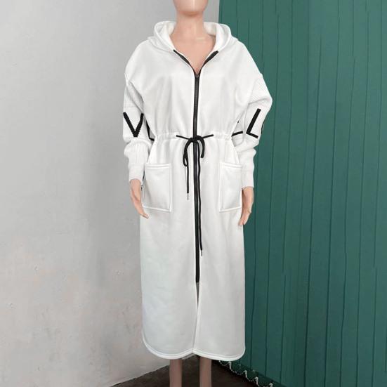 Women Winter Coat with Hood And Side Pockets Patchwork Knitted Sleeves Outerwear Letter Pattern