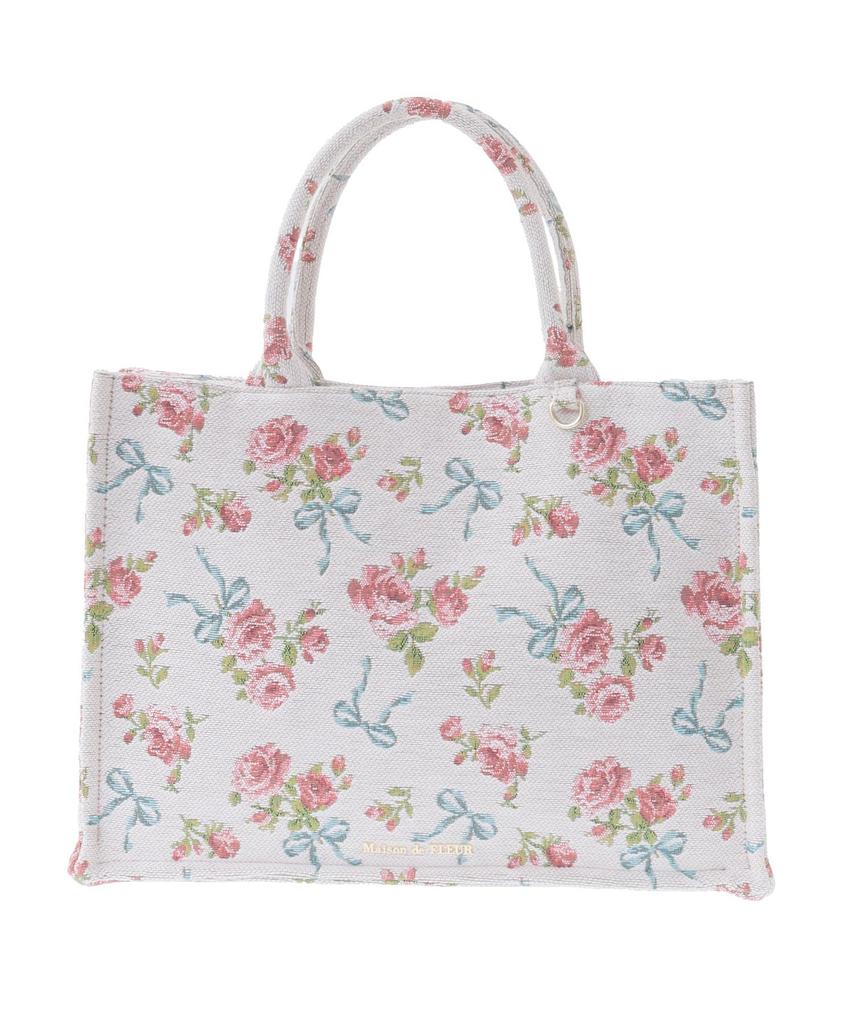Maison de Fleur Rose Ribbon Gobelin Square Tote Bag, Women's, Off-White