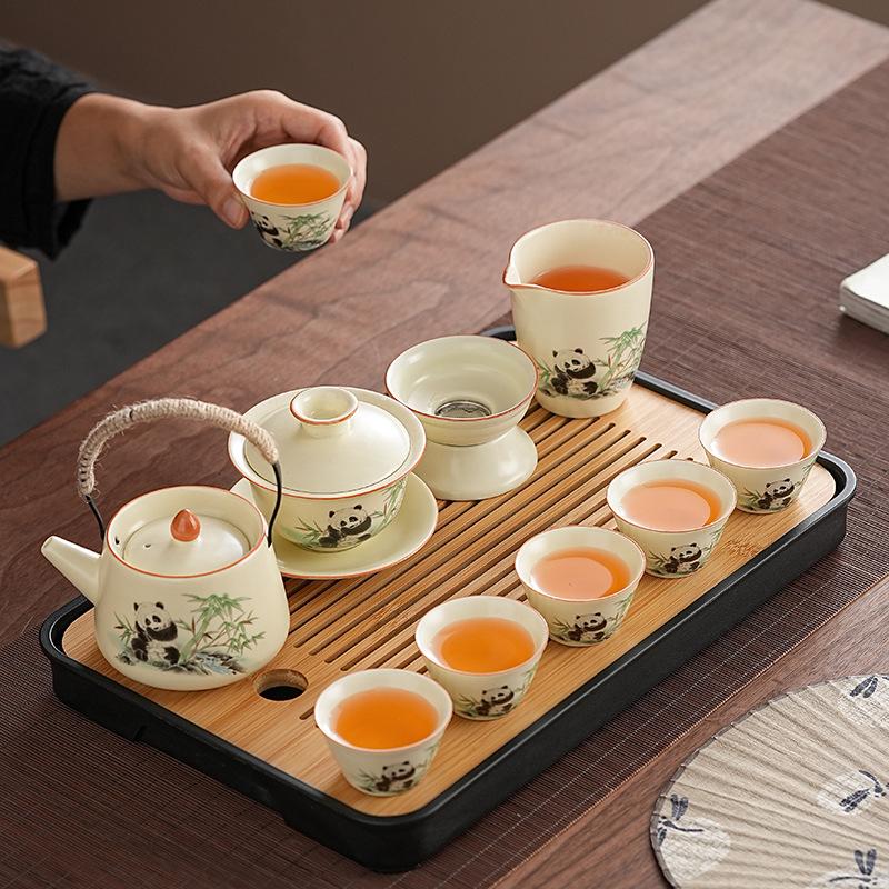 Panda Tea Set Huang Ru Kiln, the Whole Set Can Be Opened, Ceramic Tea with Tea Tray, Gift Box for Elders