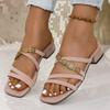 Sandalen mit Blockabsatz Damen neue quadratische Zehenpartie offene Zehenpartie Knöpfe mit dünnen Riemen und coole Damenslipper