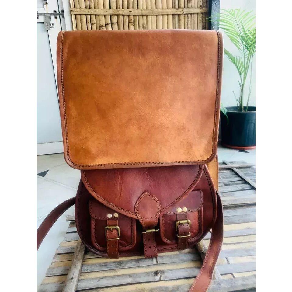 Goat Leather Messenger Shoulder Purse Messenger Handmade Leather Brown Bag. ( Free Gift Sling Brown Bag Size - 9 X 7 X 3 In )