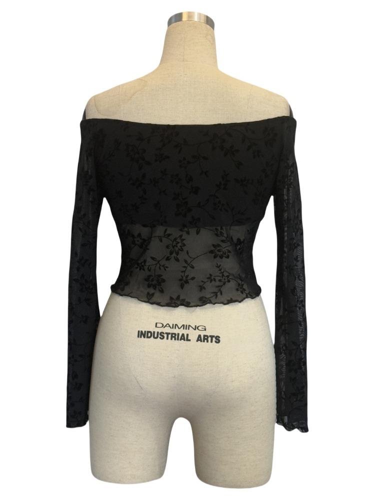 Lente Elegante Dames Zwarte Bloemen Mesh Strapless Uitlopende Mouw T-shirt Top Dames Veelzijdige Kledingkast Essentiële Modeartikelen Shirt