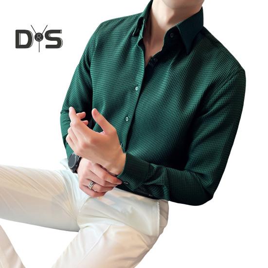Men Spring Fall Shirt Frence Style Turn-down Collar Slim Fit Waffle Texture Single-breasted Long Sleeves Pure Color Mid Length Young Formal Business