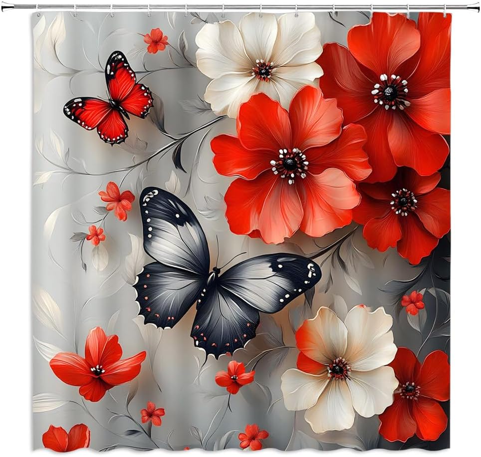 Red Flower Shower Curtain Retro Burgundy Floral Butterfly Grey Vintage Abstract Bloom Plant Bathroom Decor Curtains Polyester