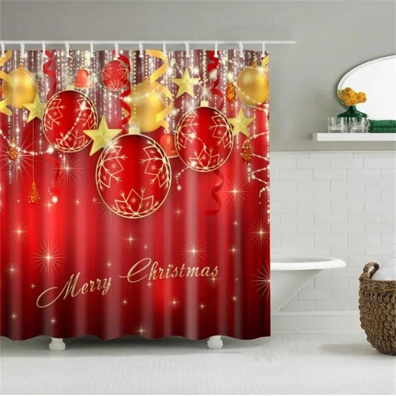 Merry Christmas Shower Curtain Christmas Home Decor Snowman Santa Claus Bathroom Curtain Polyester Fabric Bath Screen with Hoo