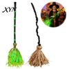 Battery Operated Broom Halloween Witch with Green LED Light, Glowing Cosplay Wizard Prop Broomstick, Costume for Themed Parties, Indoor Outdoor