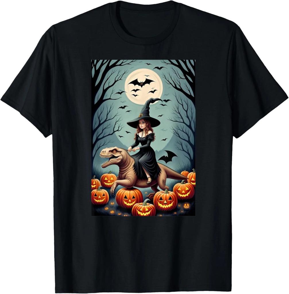 Witch Riding Tyrannosaurus Rex Dinosaur In a Pumpkin Patch Gift Unisex T-Shirt