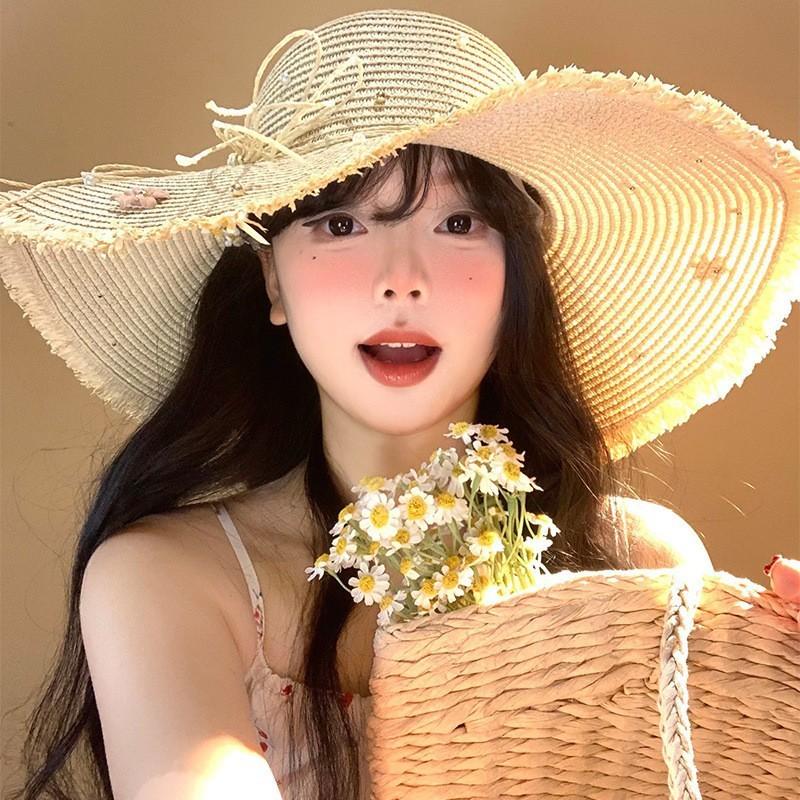 French Lace Bow Summer Wide Brim Hat For Sun Protection Beach Vacation Fans