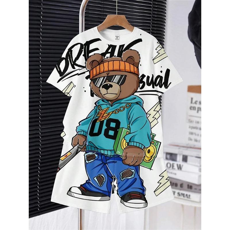 2 Sets for Boys and Teenagers Summer Yellow Oil Painting Print Crewneck Thin T-shirt and Pocket Shorts Summer Tracksuit