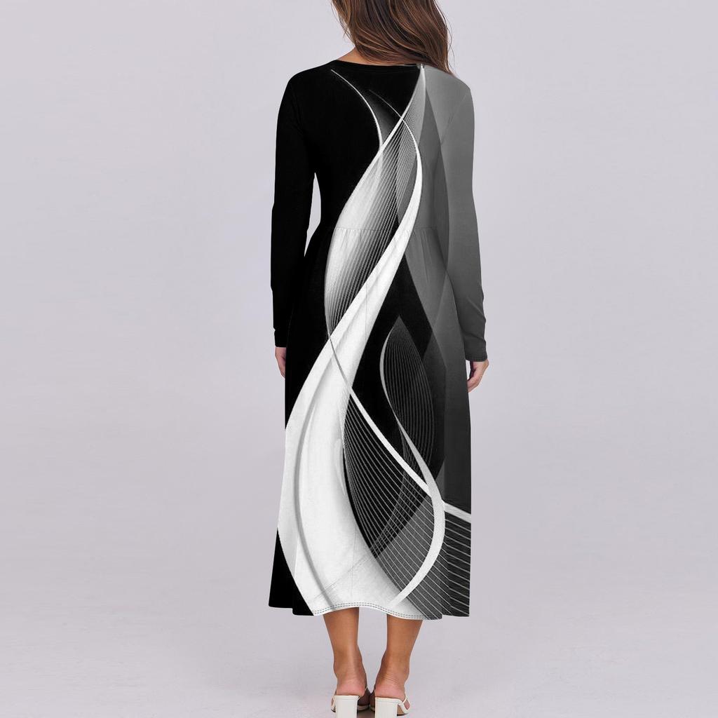 Women's Casual Fashion Long Sleeve Stripe Printed Vintage Long Dresses Fall