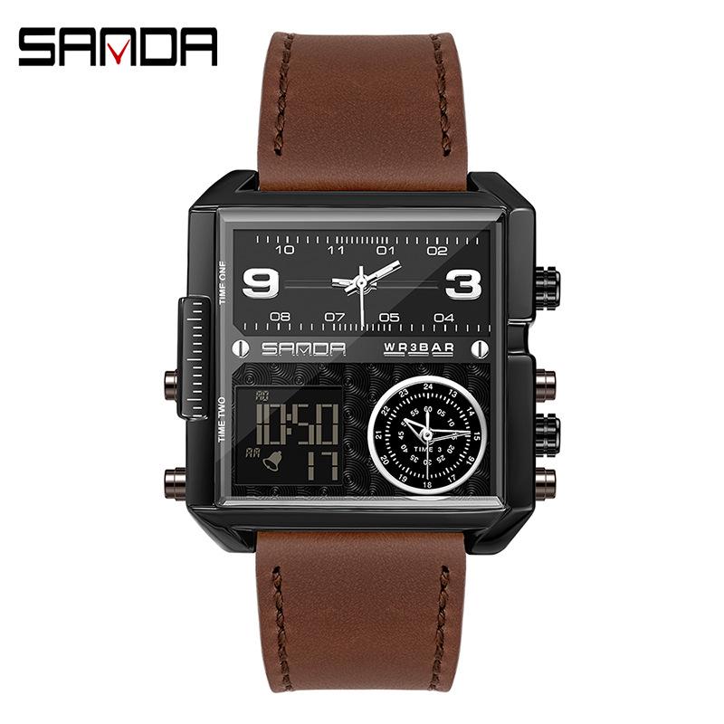 Sanda Multi-Function Three-Movement Men's Square Sports Watch - Waterproof, Luminous, Steel Belt, Electronic.