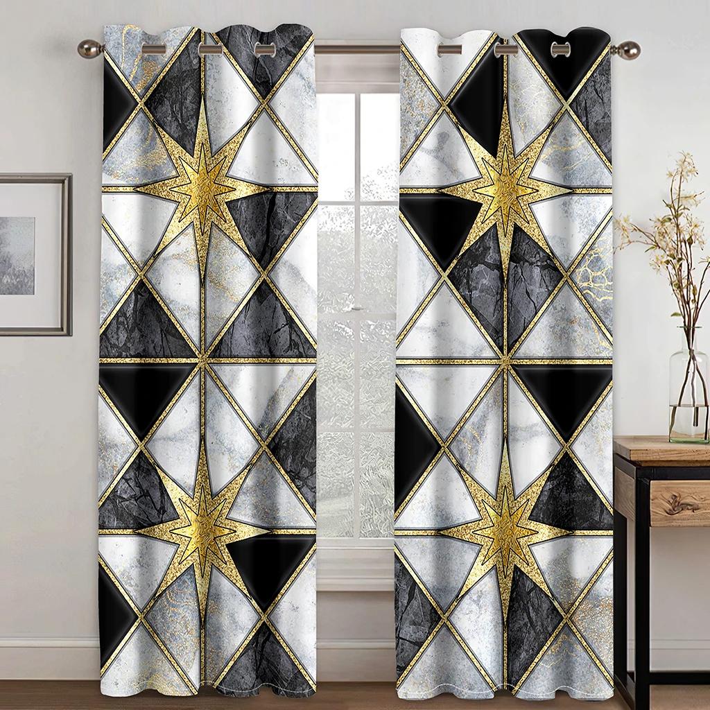 Modern Black Gold Texture Marbling Abstract Design 2 Pieces Shading Window Curtain For Living Room Bedroom Decor