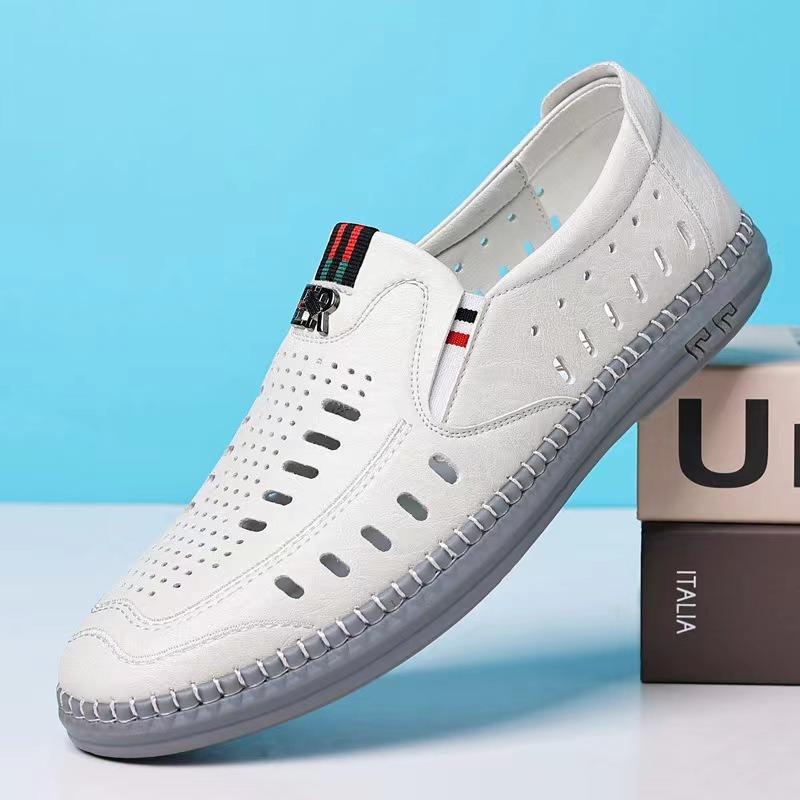 Hollow Leather Shoes Summer Men's Soft-soled Sandals Breathable Versatile Hole Shoes Lightweight Cool Leather Shoes Dad Casual Shoes