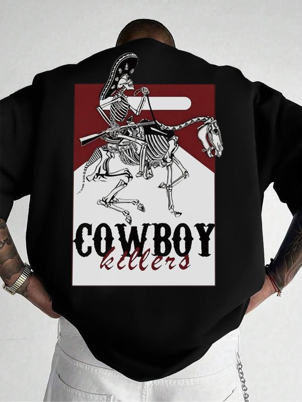 Unisex T-shirt med dödskalle- och bokstavstryck, rundhalsad, lämplig för alla årstider, grafiskt T-shirt, kläder i västernstil, retro grafiskt unisex-T-shirt.